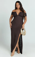Alessia Maxi Dress - Off Shoulder Ruched Bodycon Dress in Chocolate