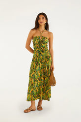 Green Forest Parrots Ruched Bodice Maxi Dress
