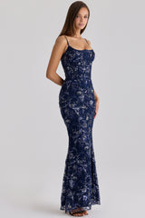 navy hand beaded embellished corset maxi dress