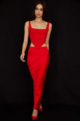 scarlet satin low waist midi skirt