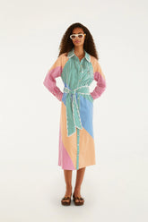 Multicolor Stripes Embroidered Belted Midi Dress