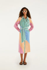 Multicolor Stripes Embroidered Belted Midi Dress