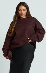 Amanda Top - Crew Neck Long Sleeve Knit Sweater in Burgundy