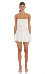 Embroidered Floral Flared Mini Dress in White