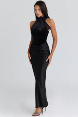 black satin draped maxi skirt