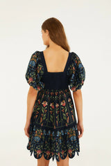 Navy Blue Stitched Garden Organic Cotton Mini Dress