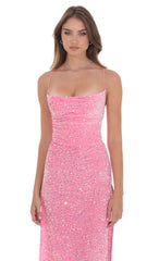 Cowl Neck Velvet Sequin Maxi Dress in Pink