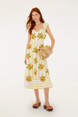 Yellow Lemon Birds Sweetheart Neck Midi Dress