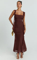 Rosha Midi Dress - Ruffle Strap Dress in Chocolate