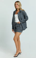 Makayla Top - Long Sleeve Stud Detail Denim Shirt in Dark Grey