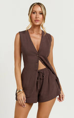 Olivia Top - Longline Linen V Neck Back Tie Vest Top in Chocolate