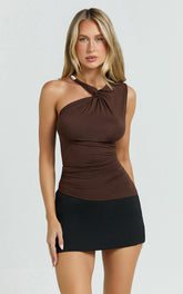 Yonca Top - Twist Asymmetrical Top With Gold Hardware Trim in Chocolate