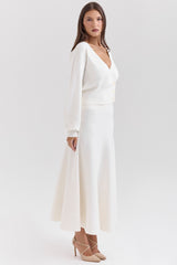 ivory wool mix flared midi skirt