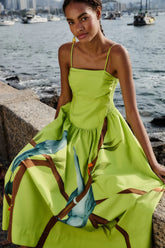 Green Birds Smocked Maxi Dress