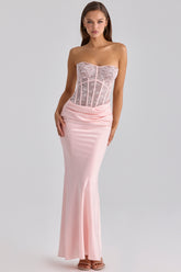 pink lace + satin maxi corset dress