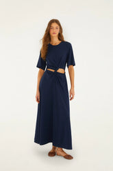 Dark Blue Cut-Out Short Sleeve Maxi Dress
