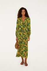 Green Forest Parrots Long Sleeve Midi Dress