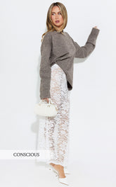 Amanda Top - Crew Neck Long Sleeve Knit Sweater in Mushroom