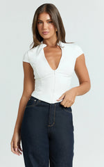 Duncan Top - Cap Sleeve Slit Neck Zip Front Top in White