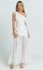 Mackenzie Midi Dress - Tipped Shoulder Drop Waist Full Gathered Skirt Dress in White