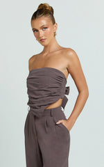 Norma Top - Strapless Linen Blend Scarf Tie Top in Mushroom