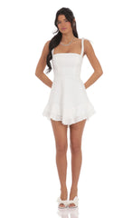 Floral Jacquard Ruffle A-line Dress in White