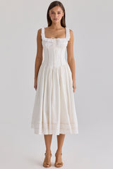 white cotton broderie anglaise trim midi dress