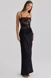black embellished lace + satin maxi dress