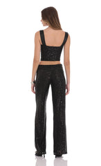 Sequin Satin Strap Two Piece Set in Black