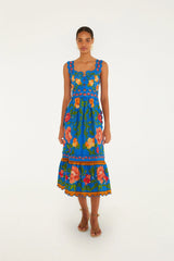 Bright Blue Rococo Flowers Midi Dress