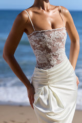 white embellished lace and satin maxi dress