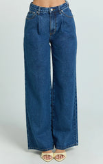 Enya Jeans - High Waist Wide Leg Pleated Denim Jeans in Dark Mid Blue