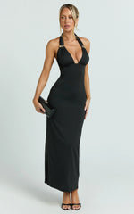 Chloe Midi Dress - Halter Neck Hardware Detail Dress in Black