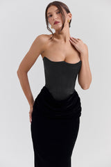 black velvet strapless corset maxi dress