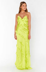 Romance Ruffle Dress ~ Citrine Luxe Satin