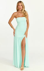 Marguerite Maxi Dress - Strapless Ruched Mesh High Leg Split Dress in Mint
