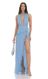 Plunge Neck Halter Dress in Blue