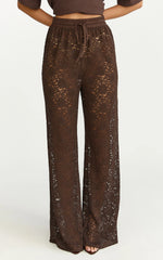 Roxy Pants - High Waist Lace Relaxed Drawstring Pants in Chocolate