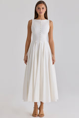 white boat neck button front cotton maxi dress