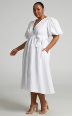 Amalie The Label - Franc Linen Puff Sleeve Wrap Midi Linen Dress - In White