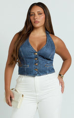 Walton Vest - Halter Neck Button Down Crop Recycled Denim Vest in Dark Blue Wash