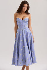 blue daisy print stretch cotton midi sundress