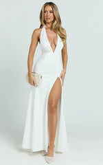 Miranda Maxi Dress - Plunge Halter Fit And Flare Dress in Off White