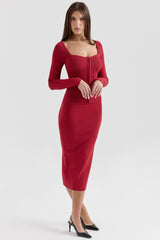 red bodycon midi skirt