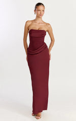 Phoebe Maxi Dress - Strapless Structured Bodice Drape Skirt Dress in Wine
