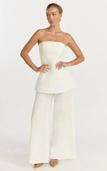 Isadora Two Piece Top and Pants Set - Strapless Longline Top and Wide Leg Pants Set in White