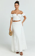 Belle Two Piece Set - Off Shoulder Top and Maxi Skirt Set in White
