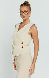 Hera Top - V Neck Vest Top With Tie Waist in Putty