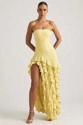 Ruffle-Trim Strapless Gown in Pastel Yellow