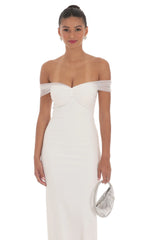 Tulle Off Shoulder Sleeve Maxi Dress in White